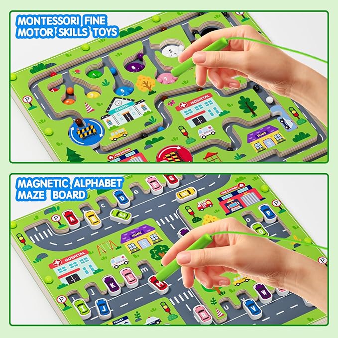 2 in 1 Magnetic Color and Number Maze Magnet Alphabet Counting Double Sided Board Wood Puzzle Fine Motor Skills Montessori Preschool Toys Gifts for Boys and Girls 3-5 Age