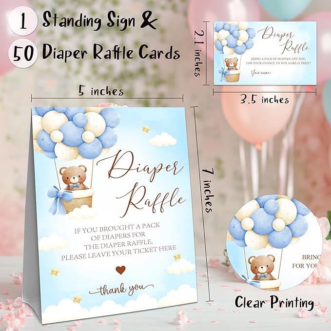 Blue Teddy Bear Diaper Raffle Set For Baby Shower - 50 Raffle Tickets With 1 Standing Sign - Baby Announcement, Gender Reveal Baby Shower Party Decoration Game Set - A01