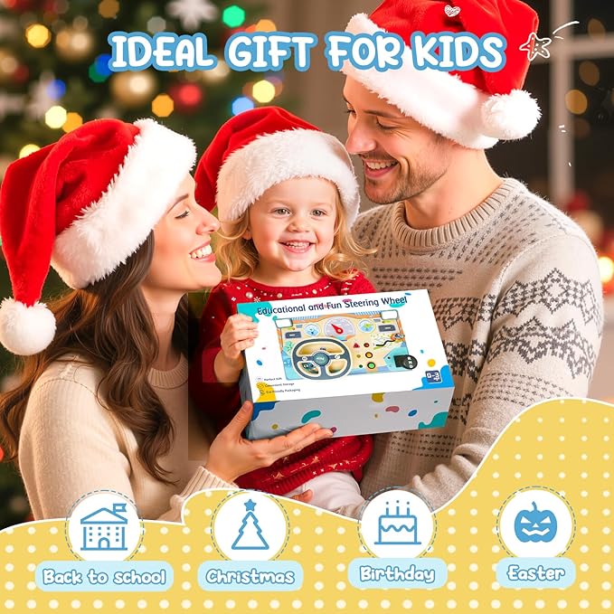 Busy Board Montessori Toys for 1 2 3 Year Old, Wooden Toddler Sensory Toys Busy Board with LED Lights Sound Switch, Toddlers Activity Travel Toy, Steering Wheel Toys Toddler Toy Gifts for Boys Girls
