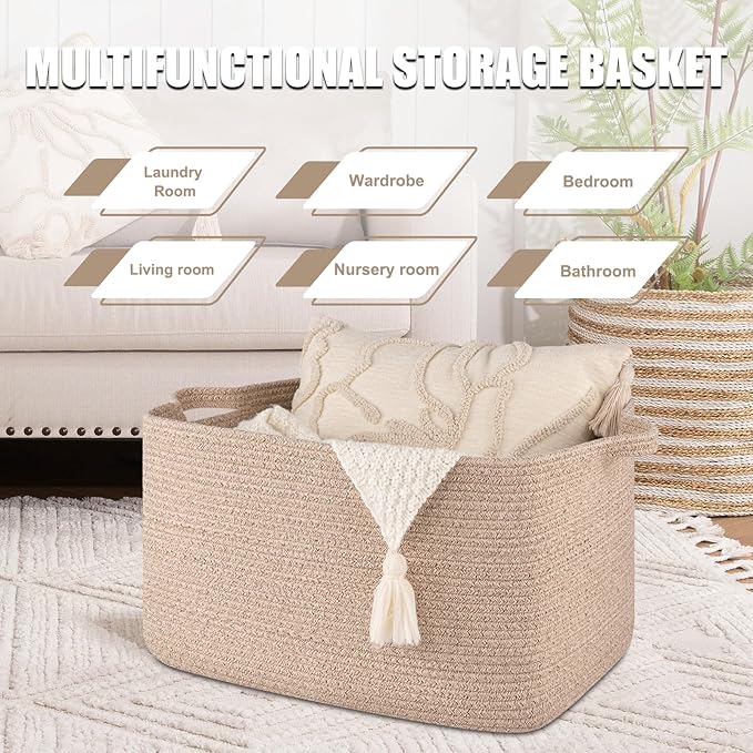 65L Large Storage Basket, Cotton Rope Woven Blanket Basket, Toy Storage for Baby Room, Living Room, Brown