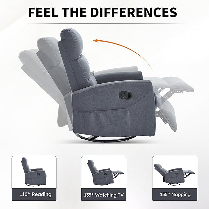 360° Swivel Rocking Chair for Nursery, Manual Glider Chair Nursing Chair with Side Pockets, Polyester Glider for Living Room, Heavy Duty Motion Mechanism, Gray