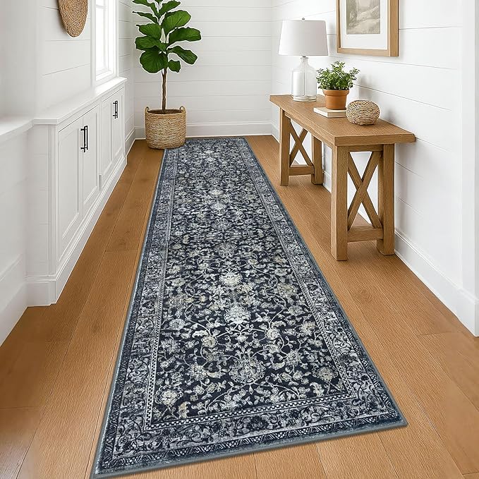 KILOCOCO Hallway Runner 3x12 Rug Runner Printed Vintage Floral Washable Non-Slip Rubber Backed Runners for Hallways Kitchen Laundry Room Entryway Bedroom, Charcoal