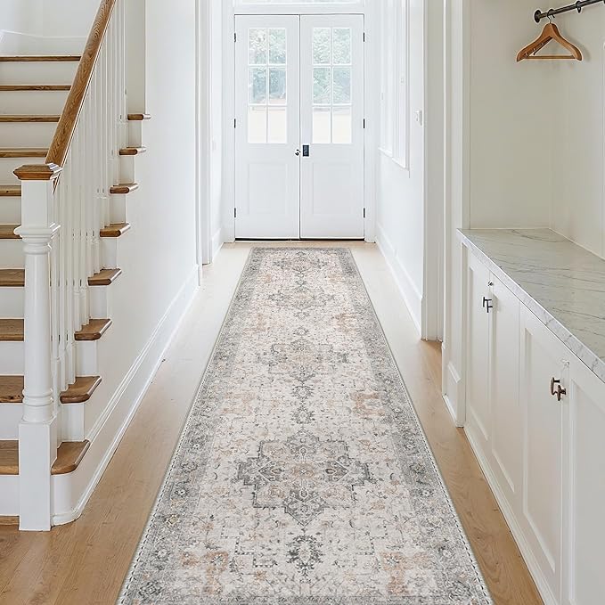 GENIMO 2'6''x14 Runner Rugs for Hallway, Machine Washable Non Slip Vintage Rugs, Low Pile Soft Chenille Print Rug for enrtyway, Corridor, Home Office,Light Taupe Brown