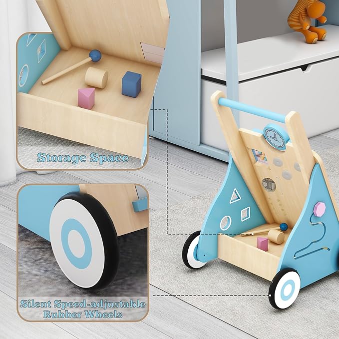 Wooden Baby Walker, Baby Push Walker Adjustable Height and Speed Multiple Learning Activity Walker Baby Walker with Wheels for Girls 6-12 Months, Blue