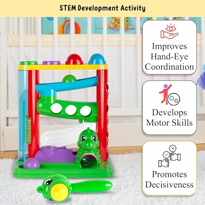 WALA - Pound a Ball Dinosaurs Toy - Super Durable Toddler Girls and Boys Toys - Comes with Ball Tower, Ball, Hammer, and 7 Dinosaur Toys for Kids - Educational Baby Hammer Toy - STEM Development