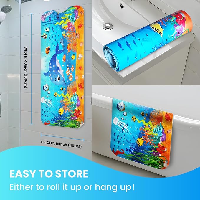 Linoows Baby Bath Tub Mat, 40 x 16 Inch Extra Large Non Slip Kids Cartoon Bathtub Shower Mats with Suction Cups & Drain Holes, Machine Washable for Bathroom, Undersea Dolphin