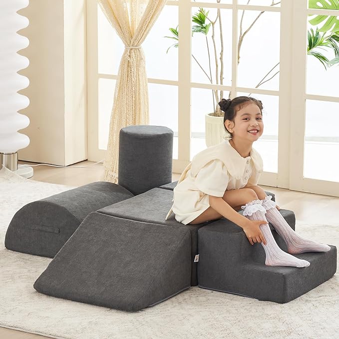 jela Kids Foam Climbing Blocks 6Pcs Soft Play Equipment, Toddler Climbing Toys Indoor Soft Play Climbing Set, Lightweight Climbing Blocks for Babies, Crawling Foam Playset (Miss Fabric Darkgrey)