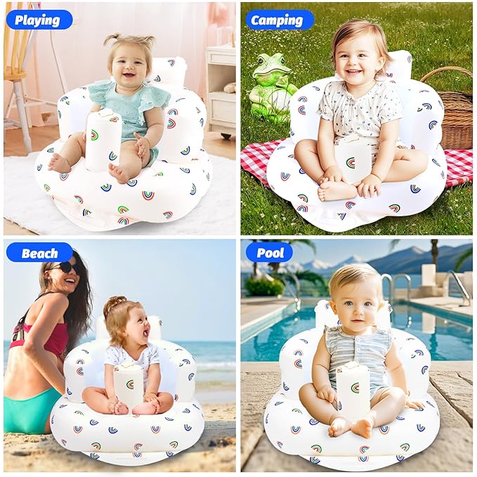 Inflatable Baby Chair, Baby Inflatable Seat for Babies 3 Months and Up Summer Inflatable Baby Seat for Sitting Up, Blow Up Baby Floor Seat with Built in Air Pump, Rainbow
