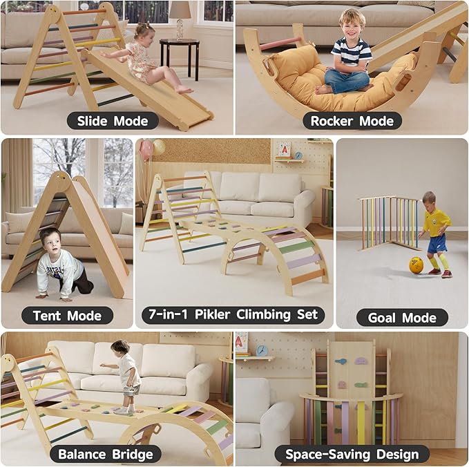 Pikler Triangle Set 7-in-1 Foldable Toddler Climbing Toys Indoor Jungle Gym with Ramp & Arch, Montessori Wooden Play Gym Climbing Frame for Toddlers 1-6 Years