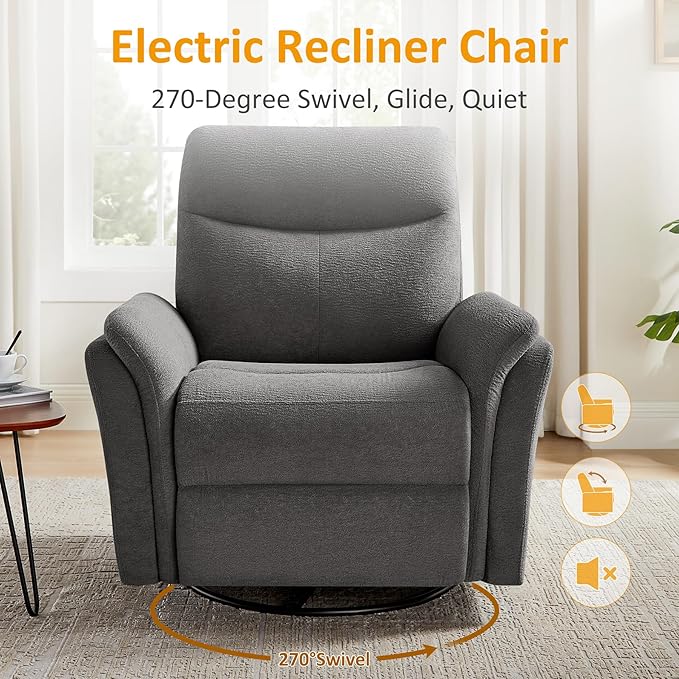 Power Recliner Chair Swivel Glider, Electric Rocking Recliner Chairs with USB and Type-C Ports, Nursery Chair Recliner for Office, Living Room, Bedroom（Dark Gray）