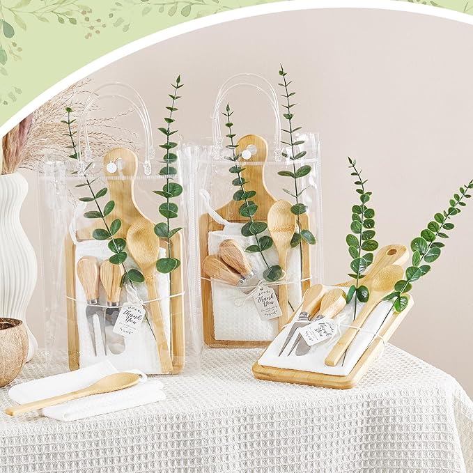 Baby Shower Prizes for Game Winners Bamboo Cheese Board Spoon Fork Butter Spreaders Plaid Towel Thank You Card and Gift Bags for Baby Shower Wedding Bridal Shower Favors (Bamboo, 2 Sets)