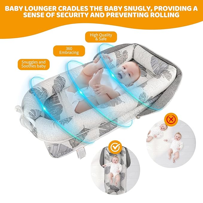 TDTOK Baby Lounger, Soft Breathable Cotton Baby Lounger 0-12 Months, Portable Floor Baby Nest Lounger for Home and Travel Newborn Essentials Gifts for Boys & Girls Baby Lounger Bed