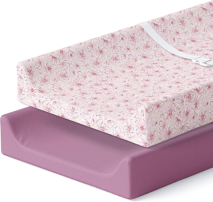 Pobibaby – 2 Pack Premium Changing Pad Covers for Girls, Ultra-Soft Breathable Cotton Diaper Changing Table Covers – Floral Nursery Changing Pad Sheets for Baby Girl (Blossom)