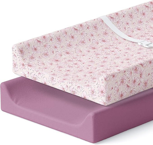 Pobibaby – 2 Pack Premium Changing Pad Covers for Girls, Ultra-Soft Breathable Cotton Diaper Changing Table Covers – Floral Nursery Changing Pad Sheets for Baby Girl (Blossom)