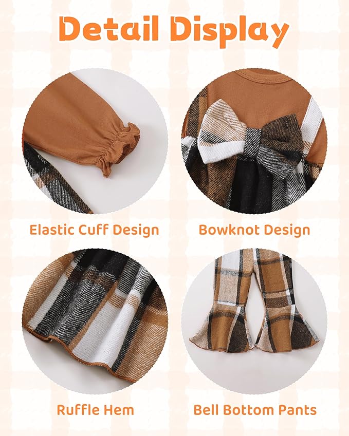Kucnuzki Toddler Baby Girl Clothes Outfit Long Sleeve Plaid T Shirt Top Flare Leggings Pants 2 Piece Outfit Kids Clothes