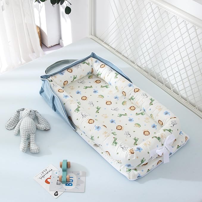 Baby Lounger for Newborn, Huggynest Portable Infant Lounger for 0-12 Months Newborn, Home Travel Dual-Purpose Baby Nest (Animal World Blue)