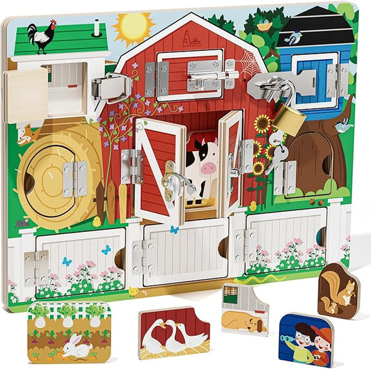 Wooden Latches Busy Board for 1-4 Year Old, Montessori Toys Sensory Toys for Toddler, Farm Theme Educational Busy Board for Kids, Activity Board Gift for Kids