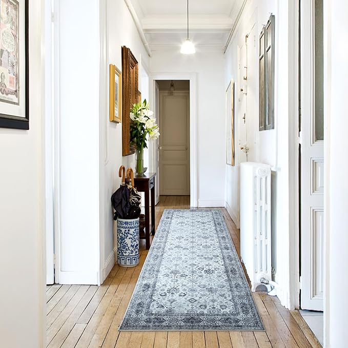 Runner Rug 2'x6' Hallway Washable Boho Soft Area Rug Non-Slip Non-Shedding Faux Wool Vintage for Kitchen, Entryway, Laundry, Bedroom, Indoor (Grey and White)