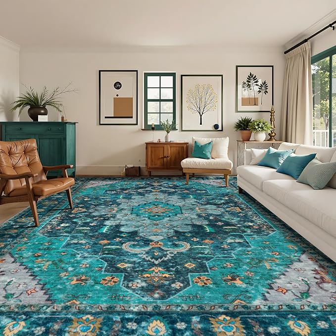 Ciicool 9x12ft Vintage Washable Area Rug,Large Oriental Throw Carpet,Non-Slip Low Pile Rug for Living Room, Bedroom, Dining Room, Office, Kitchen（Teal/Multi）