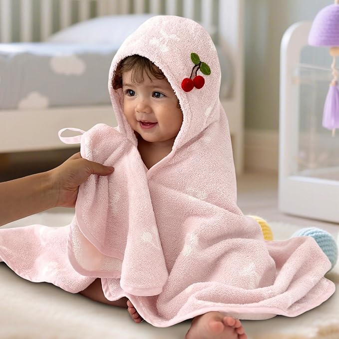 VOOVA & MOVAS Baby Hooded Bath Towel - 100% Cotton,35.5x24 Inches,0-3Years, Super Absorbent Large Towel with Cute Dino Hood for Newborn, Baby, Toddler,Pink Cherry