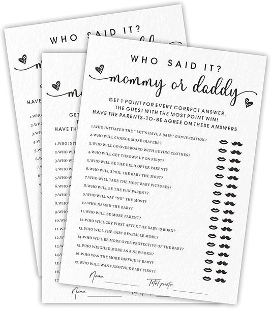EXW Baby Shower Games, Who Said It Mommy Or Daddy, Double-Sided Filling White Minimalism Game Cards, Baby Shower Activity, Party Supplies & Decorations, Set of 30 -A03