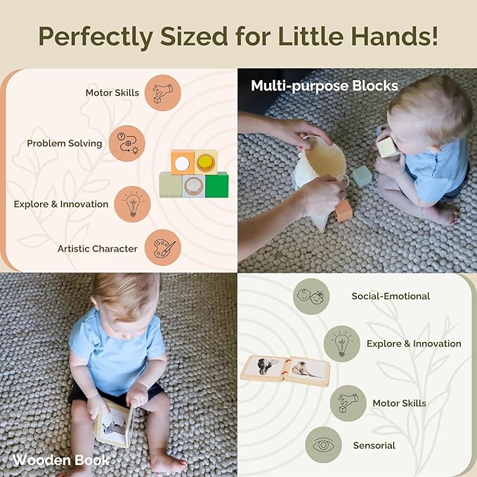 Jackie & Vancie Montessori Toys for 1 Year Old, Sensory Playkit 6 in 1 Wooden Learning Toys with Object Permanence, Rainbow Stacker, Mirror Puzzle, Sensory Blocks, Egg & Cup, Wooden Book