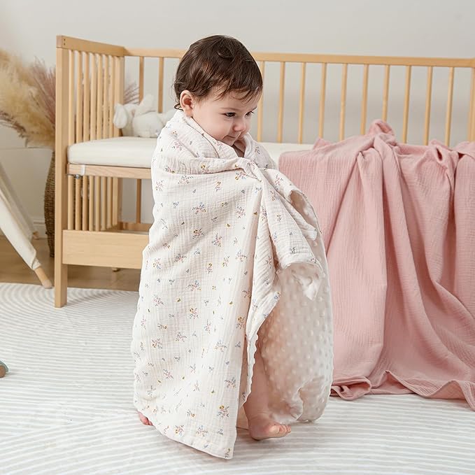 DaysU Baby Blankets for Girls with Muslin Cotton Front and Dotted Fleece Back, Silky Micro Super Soft Plush Newborn Baby Blankets Unisex, Bed Blanket Bed Throws, Floral, 30x40 inches
