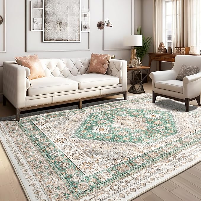 zesthome 8x10 Area Rugs for Living Room,Non-Slip Backing Washable Rugs,Vintage Large Area Rug，Stain Resistant Home Decor Rug (Green/Brown,8'x10')