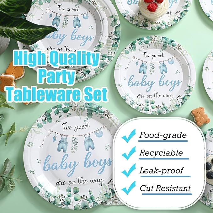 Zhehao 96 Pcs Twins Baby Shower Decorations Supplies Twins Cuties Baby Shower Tableware Set Eucalyptus Leaf Orange Strawberry Greenery Themed Plates Napkins Forks for 24 Guests (Greenery)