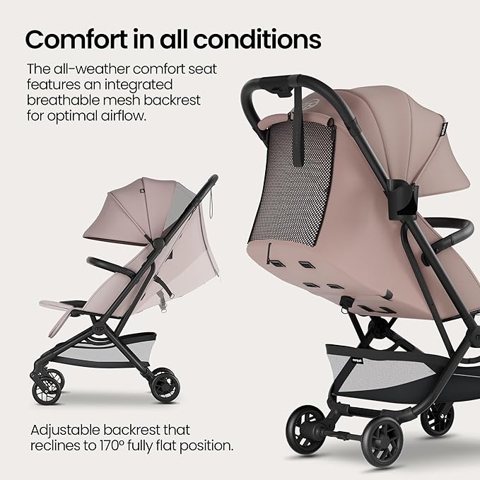 Mompush Velo Lightweight Travel Stroller, Compact & Airplane-Friendly for Baby and Toddler, Lie-Flat Seat, One-Hand Fold, with Leather Bumper Bar, Shoulder Strap, Raincover, Storage Bag & Cup Holder