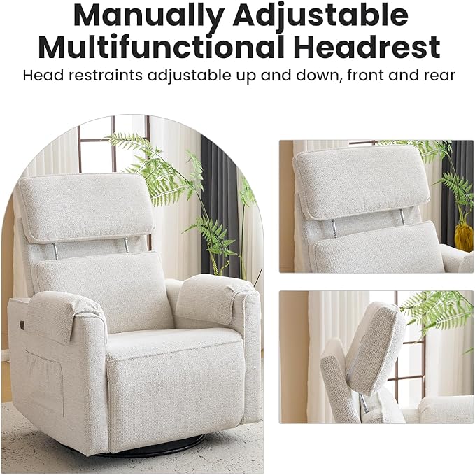 Oversized Power Recliner Chair Swivel Glider with Adjustable Headrest, Swivel Rocking Recliner Chair for Adults, 26" Extra Wide Glider Nursery Chair with Overstuffed Armrest, USB Ports, White