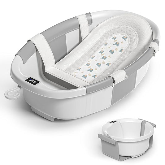 Collapsible Baby Bathtub for Newborn to Toddler 0-36 Months,Extra Large Foldable Infant Bath Tub with Thermometer,Cushion & Drain Hole,Portable Travel Tub, Baby Shower Gift Grey