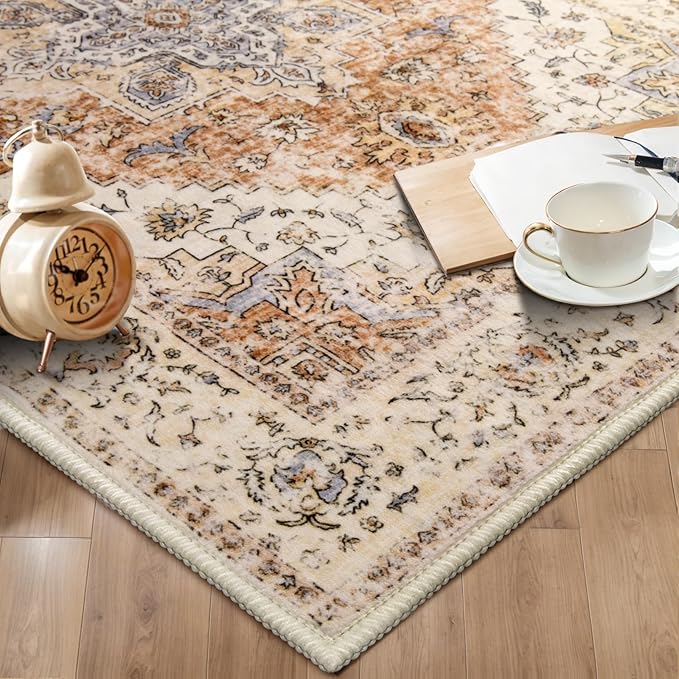 Ciicool Washable Vintage Area Rug, 2x3ft Boho Small Rug, Ultra Soft Rugs for Entryway, Non-Slip Entry Rugs Oriental Low-Pile Indoor Mat Floor Carpet for Entrance Bedroom Kitchen Bathroom Foyer Decor