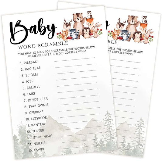 Baby Shower Games for Girl, 30 Safari Animals Baby Word Scramble + 1 Answer Card, Woodland Gender Reveal Party Decorations Supplies Favors - C07