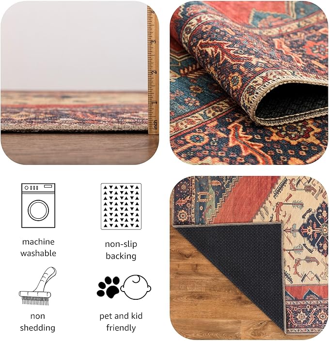 Keen Home Design 2x10 Rug - Machine Washable Runner with Non-Slip Backing, Ideal for Hallway, Entryway, Kitchen, Laundry Room - Vintage, Easy Clean, Durable, Low Pile Rug - (2'6" x 10')