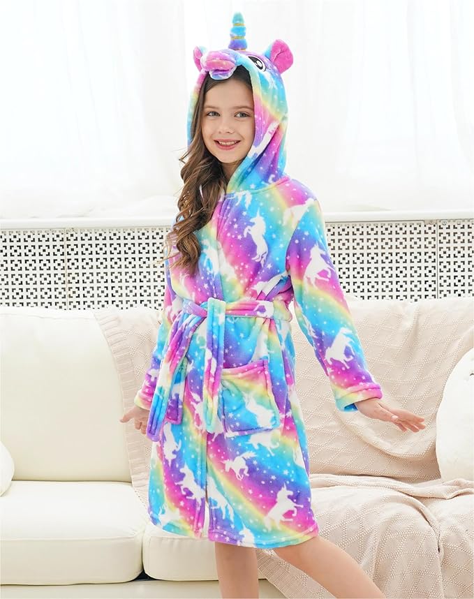 Doctor Unicorn Girls Fleece Hooded Robe Toddler Warm Fuzzy Bathrobe