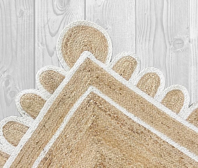 Shiv Shakti Exports Scalloped Natural Jute Area Rug, Natural Base Off White Trim (8x10 Feet)