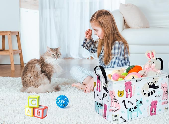 Cute Cat Pattern Gift Laundry Basket for Girls and Boys, Baby Storage Bin for Dirty Cloth, Toys, Kids Clothes Gift Storage Box with Handles