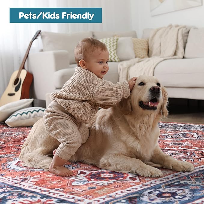 Dripex Vintage Washable Area Rug - 4x6 Distressed Rugs for Living Room Bedroom Oriental Medallion Floral Print Carpet Low-Pile Indoor Soft Non-Slip Accent Rug Farmhouse Office Home Decor