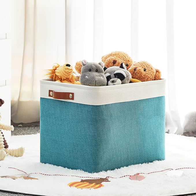 HNZIGE Extra Large Fabric Storage Bin Baskets for Organizing Shelves [2 Pack] Storage Baskets for Closet 16" X 11.8" X 11.8" Rectangular Storage Basket Bin for Organization Living Room(Teal&White)