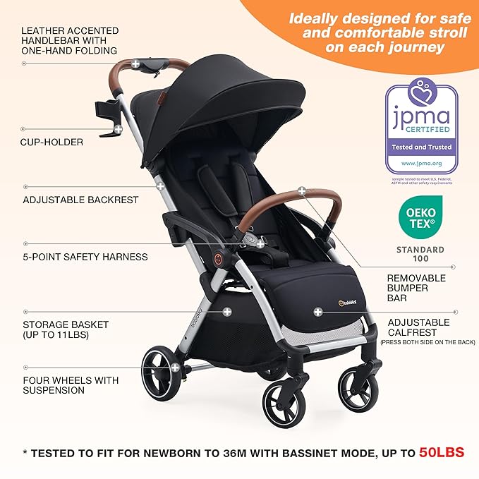 Lightweight Travel Stroller for Baby, Self-Folding Toddler Stroller with Large Canopy, Full-Reclining Seat, Cup Holder Included - Newborn to 50lbs.
