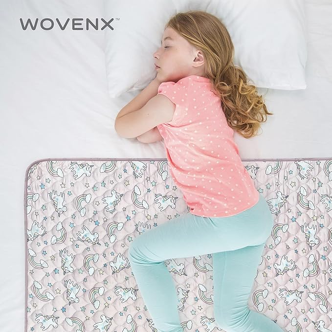 Organic Incontinence Pads for Kids & Toddlers - 5 Layer Waterproof Protectors for Overnight Bed Wetting - Reusable & Washable Pee Pads - Fits Twin to Full Size Beds - 34" x 52" Unicorn