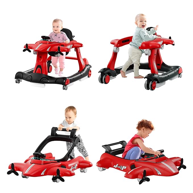 Xilingol 6-in-1 Baby Walker with Wheels, Adjustable Height & Speed Activity Walker with Padded Seat, Foldable Walker for Babies, Toddler Push Walkers for Boy & Girl 6-18 Months, Music & Light