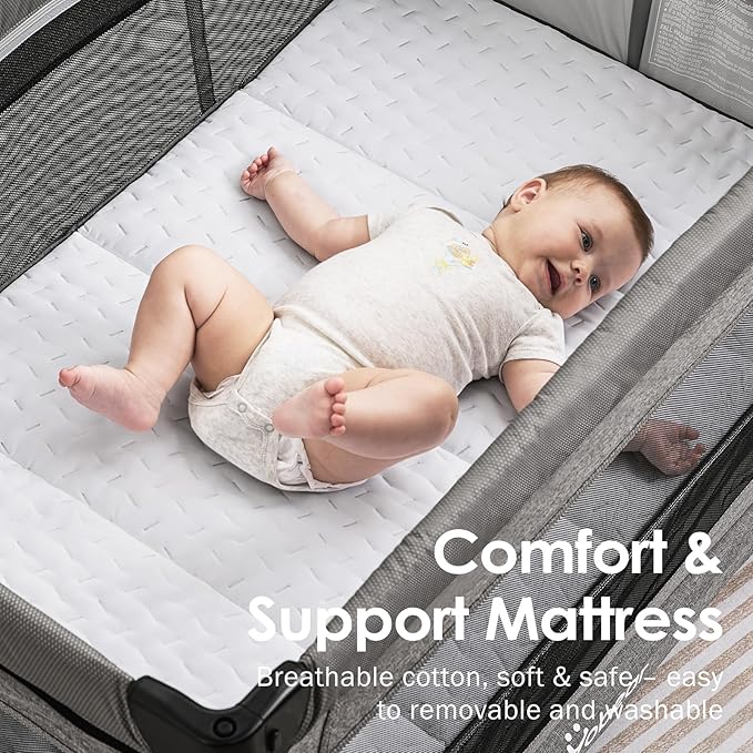 Extra Large Pack and Play with Mattress - One-Push Setup Playard - Baby Bassinet Bedside Crib with Diaper Changer & Storage Bag from Newborn to Toddler (Grey)