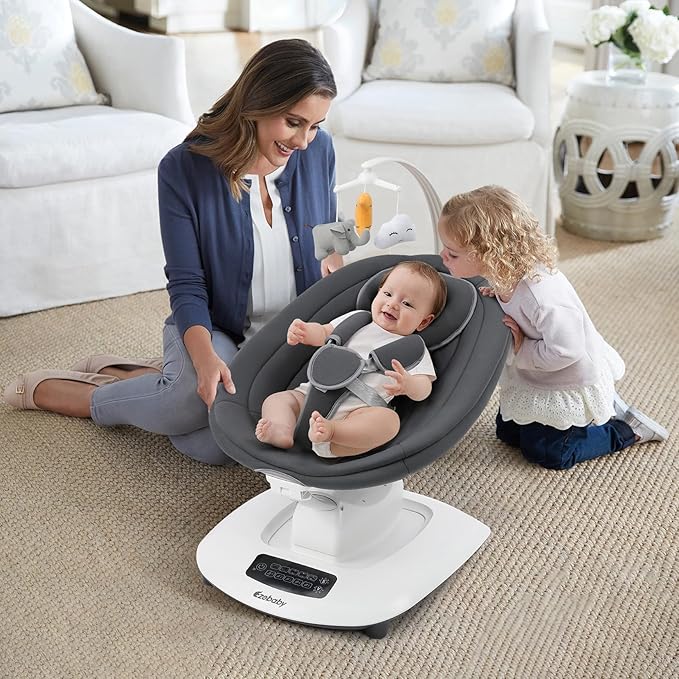 Ezebaby Baby Swing for Infants and Newborns with 5 Unique Motions, Adjustable Speed and Positions, Lullabies, Infant Swing with 5-Point Harness, Baby Swing for Newborn Babies 0-9 Months Grey