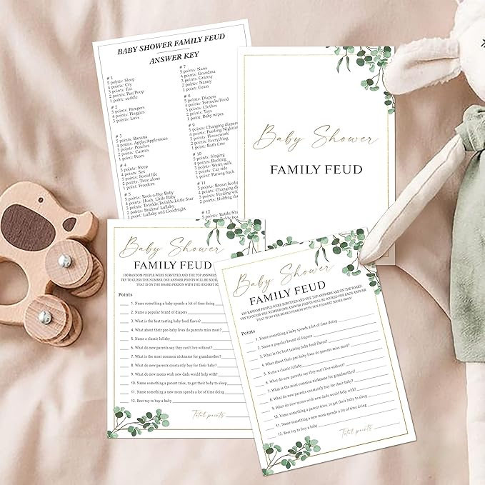 Baby Shower Family Feud Game - Pack of 30 Game Cards 1 Answer Key, Greenery Baby Shower Game for Boy & Girl, Baby Shower Decorations, Baby Feud Game Supplies-04