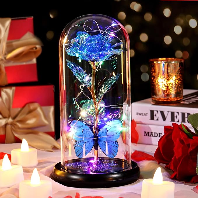 DEEMEI Birthday Gifts for Women Blue Rose Eternal Flower Light Up Rose in Glass Dome with Butterfly, Flowers for Delivery Prime Anniversary Grandma Mom Gift Wife Girlfriend