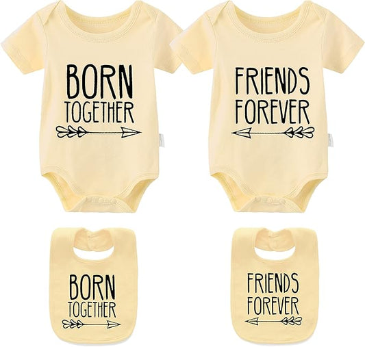 YSCULBUTOL Baby Twins Bodysuits Best Friends Forever Baby Clothes Set with Bibs Girl Outfit with hat