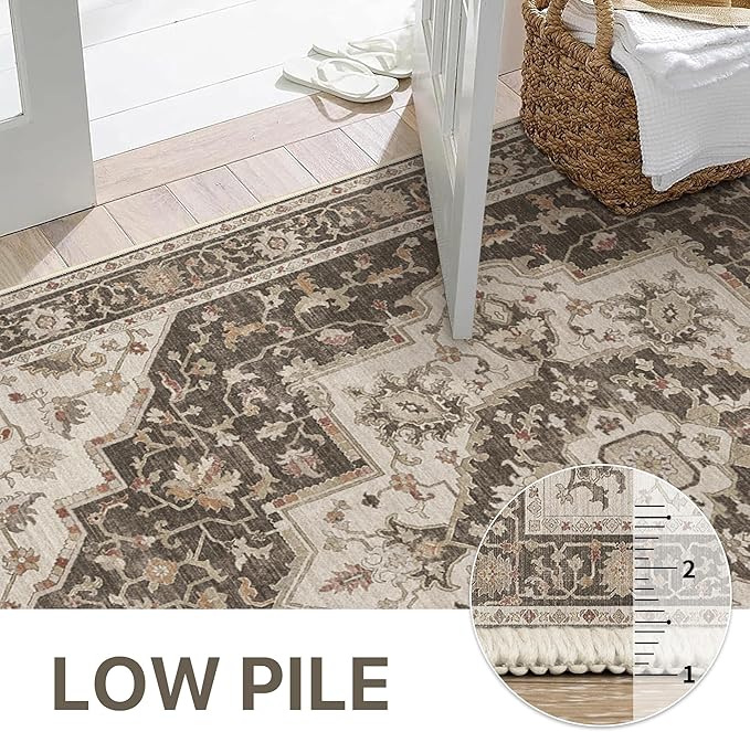 GENIMO 8x10 Area Rugs for Living Room, Machine Washable Non Slip Vintage Retro Rugs, Low Pile Lightweight Chenille Print Rug for Bedroom, Dining Room, Home Office, Ebony Taupe