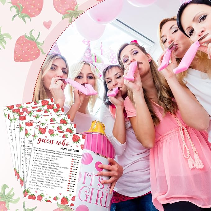 Jetec Strawberry Theme Baby Shower Games - 6 Games, 50 Sheets Each - Baby Shower Bingo, Word Scramble, Word Search, Predictions and Advice, The Price is Right, Guess Who